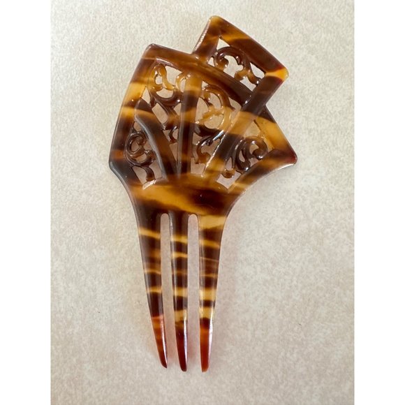 Antique Edwardian 1900s carved celluloid faux tortoiseshell 3 prong hair comb - Picture 1 of 7